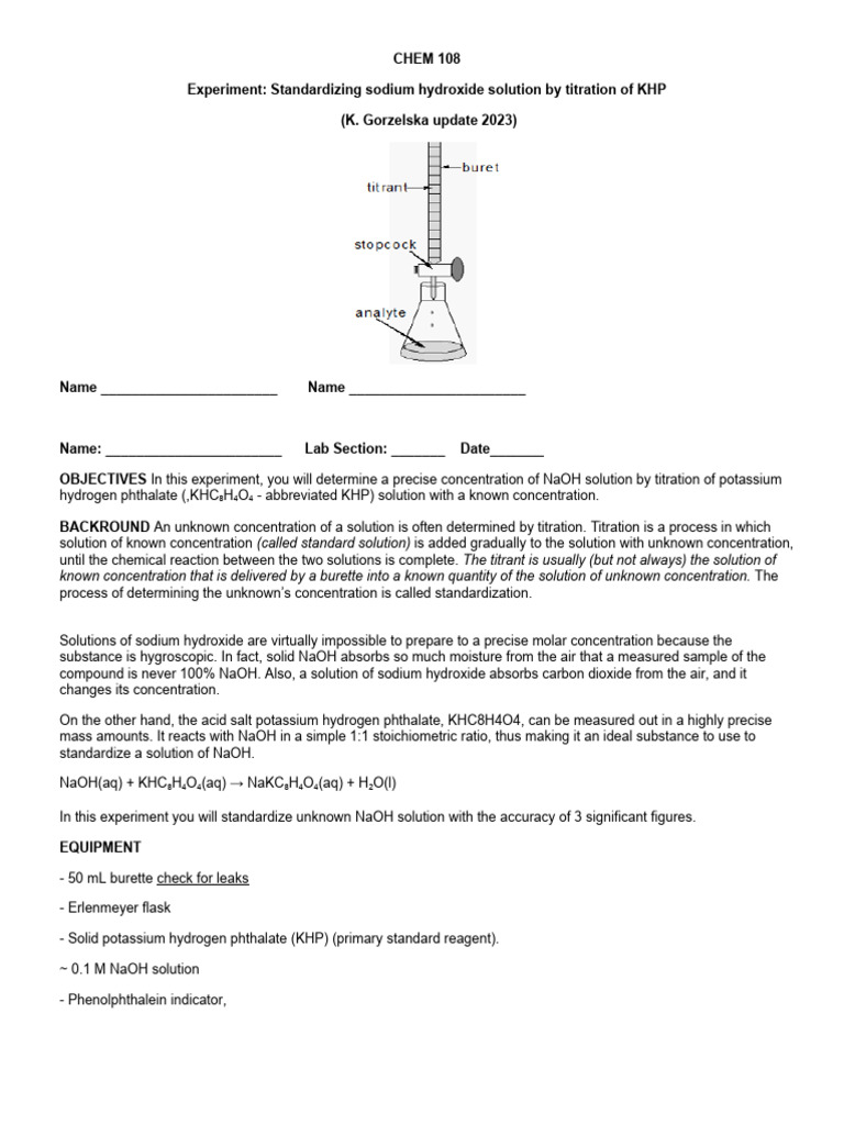 CHEM 108 Titration NaOH With KHP F23 PDF Titration Chemistry