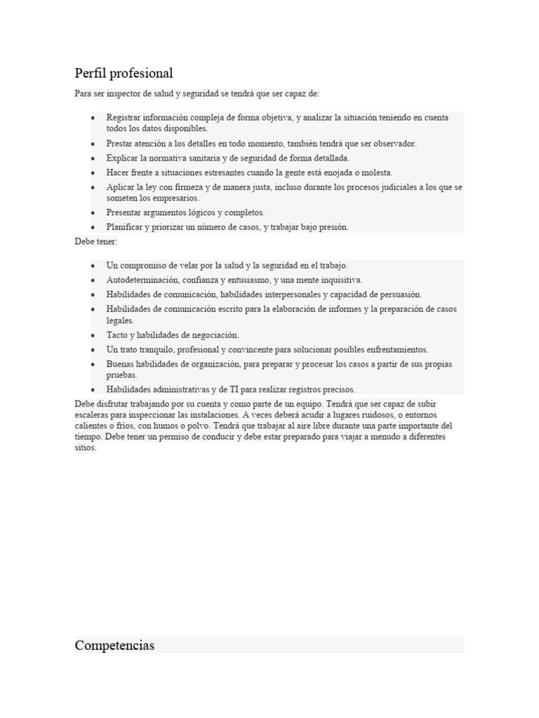 Perfil del Inspector de Seguridad Laboral | PDF | Valores | Gestión de ...