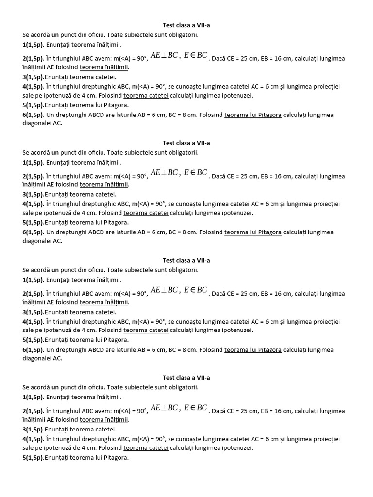 Test 7 Teorema Inaltimii Catetei Pitagora | PDF