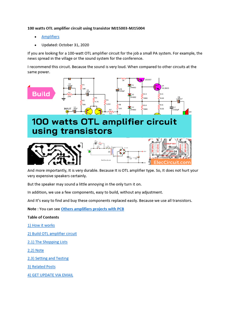 100 Watts OTL Amplifier Circuit Using Transistor MJ15003 | Download