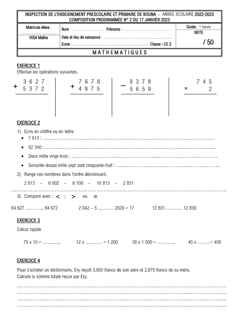 Composition Math CE2 Côte d'Ivoire | PDF | Méthodes et références ...