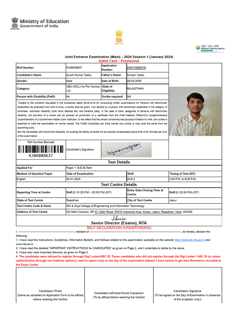 JEE Main 2024 Session 1 Admit Card | PDF | Identity Document