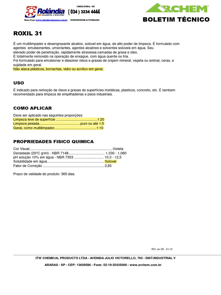 Desengraxante Roxil 31: Uso e Aplicação | PDF