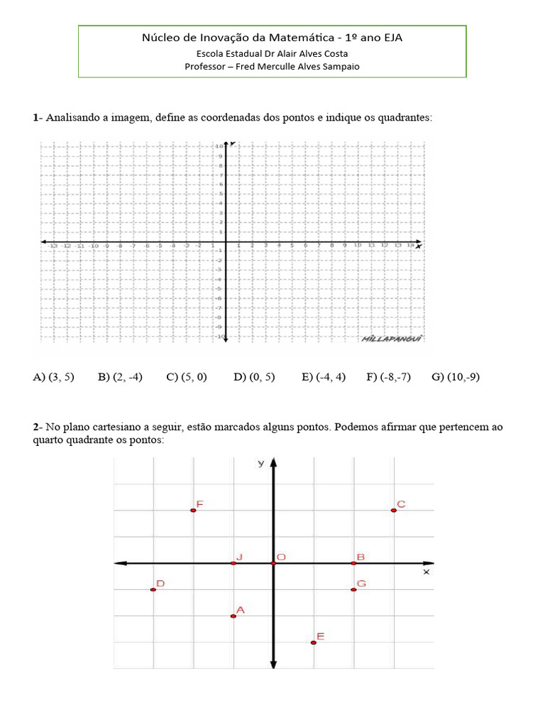 Exercicio Plano Cartesiano 6 Ano/mapa Cartesiano