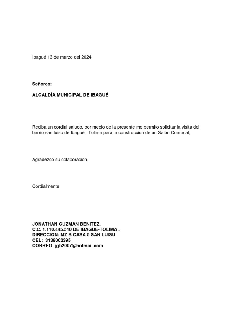 Carta Solicitud Alquiler Salon Comunal | PDF