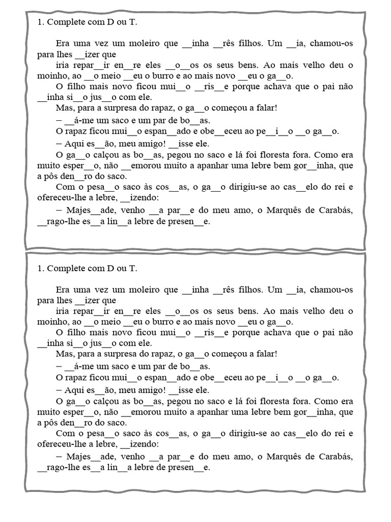 Complete as lacunas com D ou T | PDF