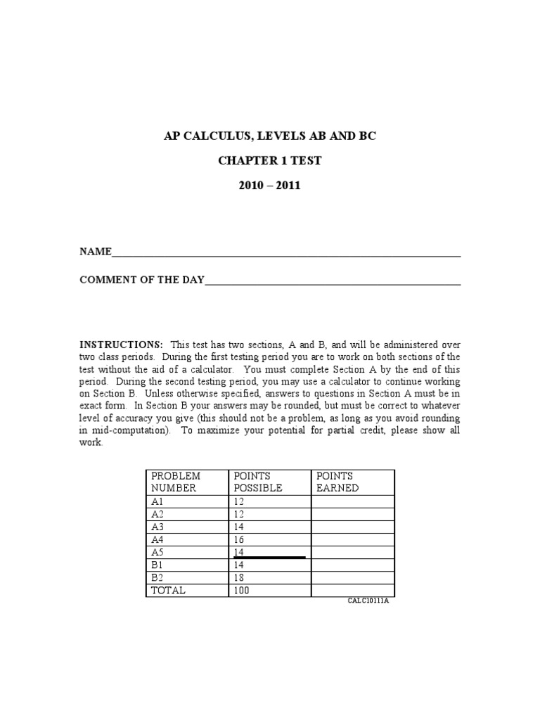 Ap Calculus, Levels Ab and BC Chapter 1 Test 2010 - 2011 | PDF | Sine ...