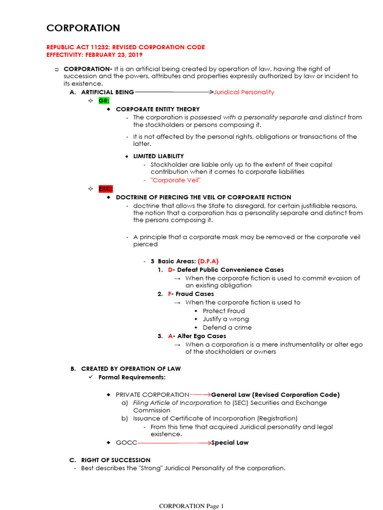 Revised Corporation Code Overview | PDF | Corporations | Piercing The ...