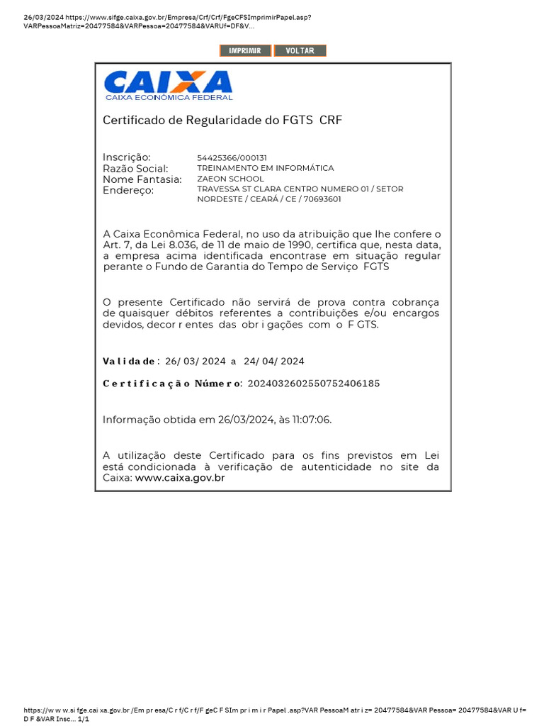 Certificado de Regularidade do FGTS | PDF