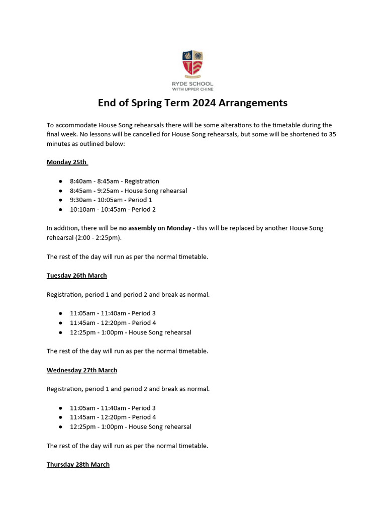 End of Spring Term Arragements 2024 PDF