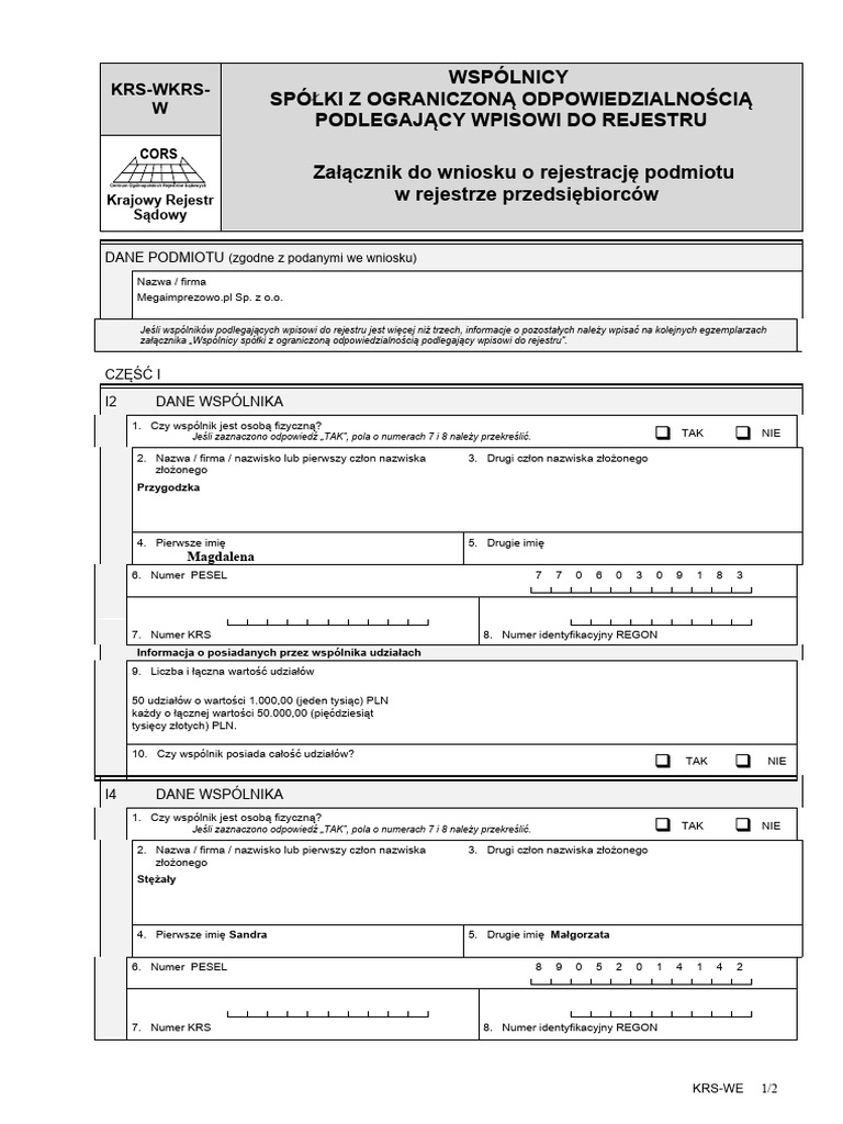 Krs - Form - We Dane Wsólników Oraz Udziałów | PDF