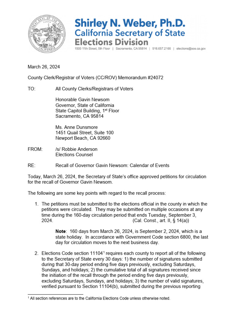 Recall of Governor Gavin Newsom Calendar of Events (2024) PDF
