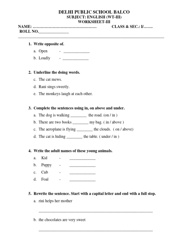 Revision Worksheet Class 1 2 Pdf