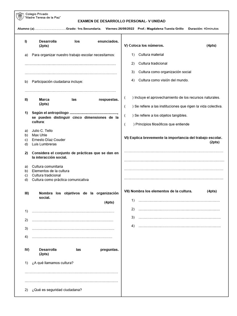 Examen de Desarrollo Personal 1ro Secundaria | PDF | Educación en artes ...