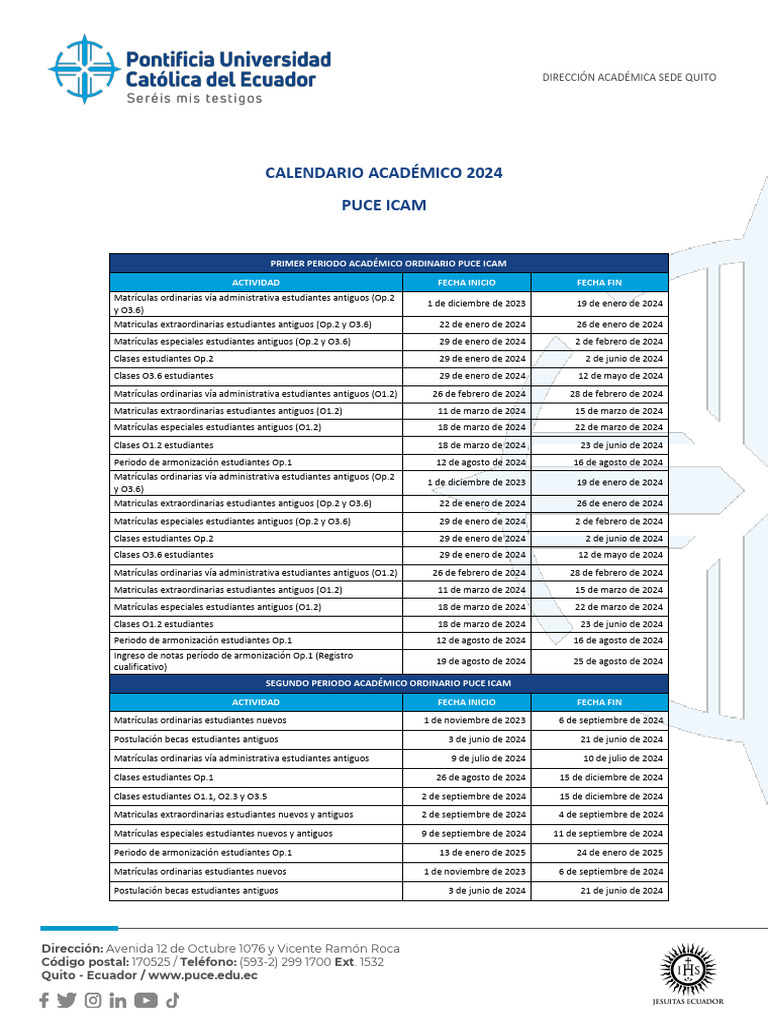 Calendario Academico 2024 Estudiantes ICAM | PDF