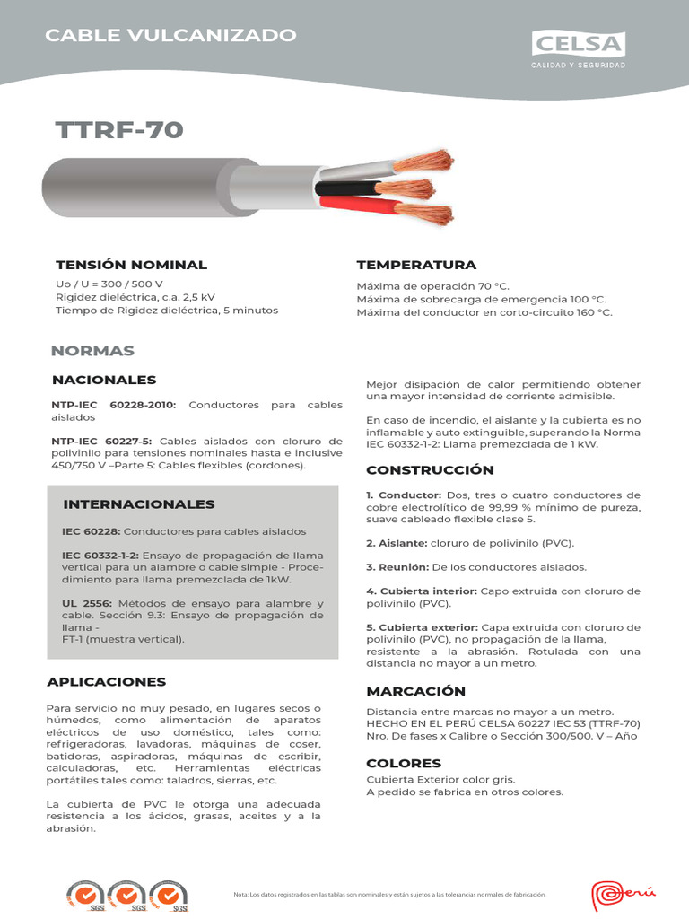 Especificaciones del Cable Vulcanizado TTRF-70 | PDF | Cloruro de ...