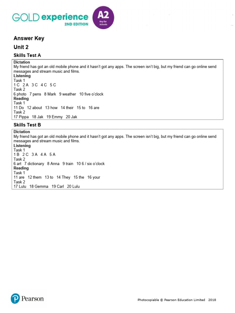 Gold Exp A2 U2 Skills Test AK | PDF