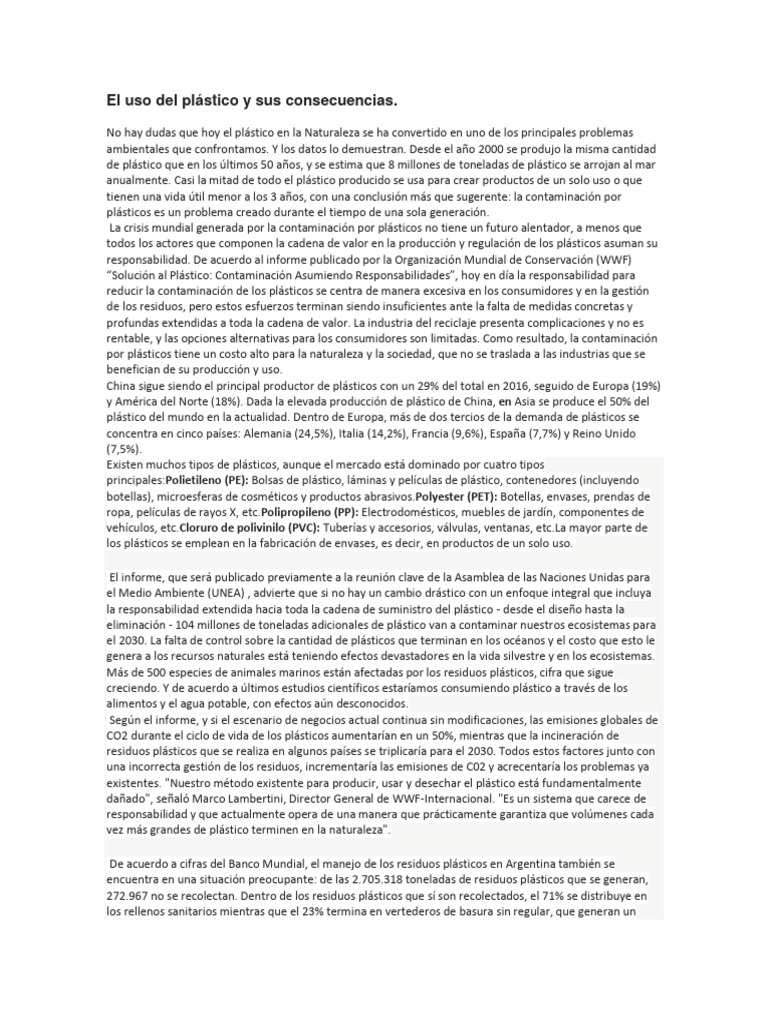 El Uso Del Plástico y Sus Consecuencias | PDF | Residuos | El plastico