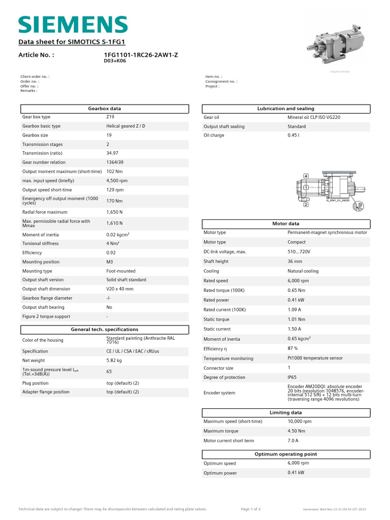 1FG11011RC262AW1Z D03+K06 Datasheet en PDF Gear Electric Motor