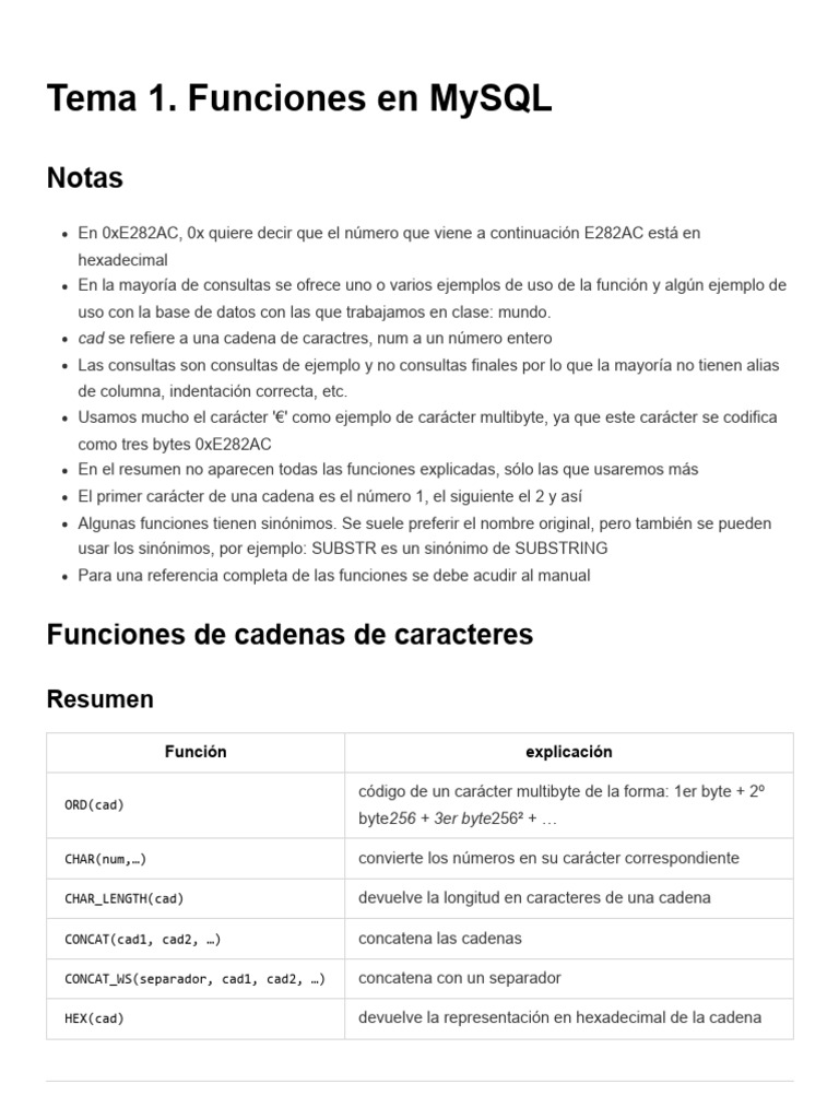 Funciones MySQL para Estudiantes | PDF | Ascii | Pi