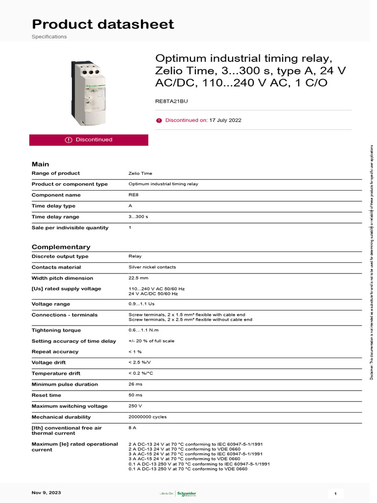 Zelio Time Relay RE8TA21BU Specs | PDF | Relay | Alternating Current