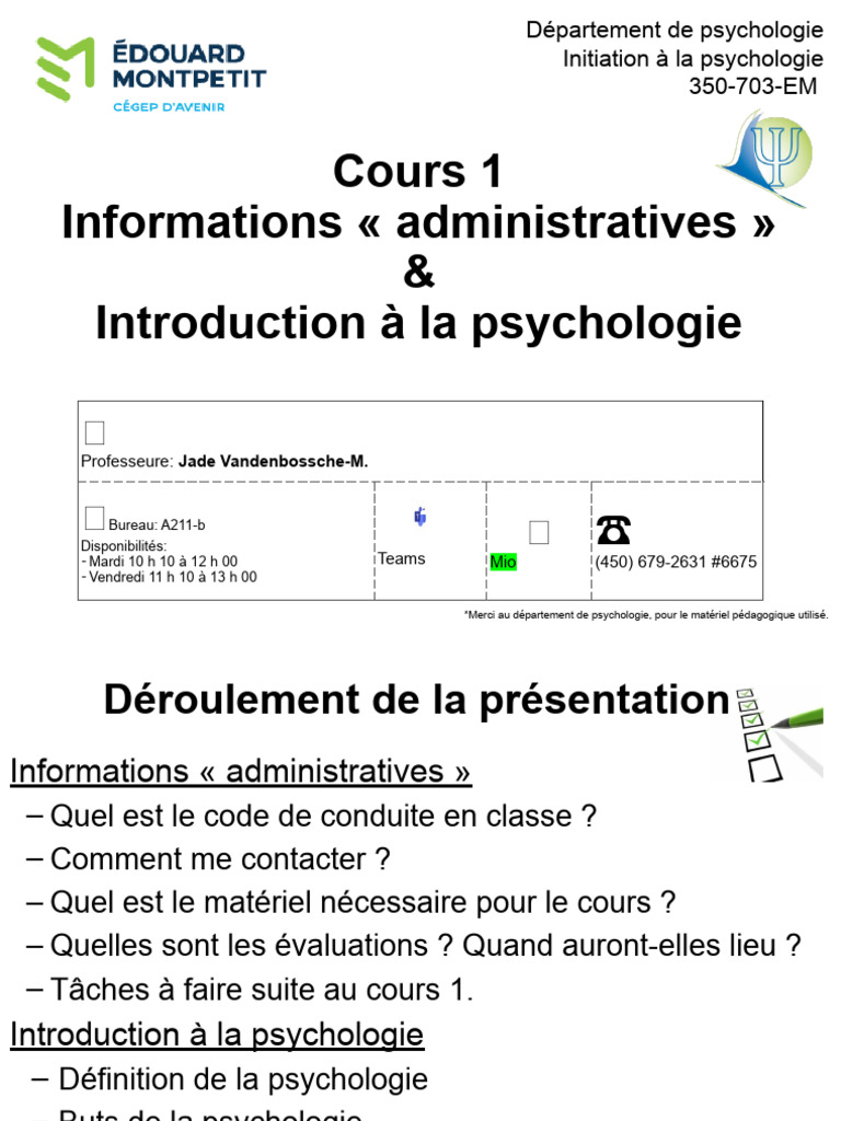Introduction à la psychologie et infos cours | PDF | Psychologie | Science