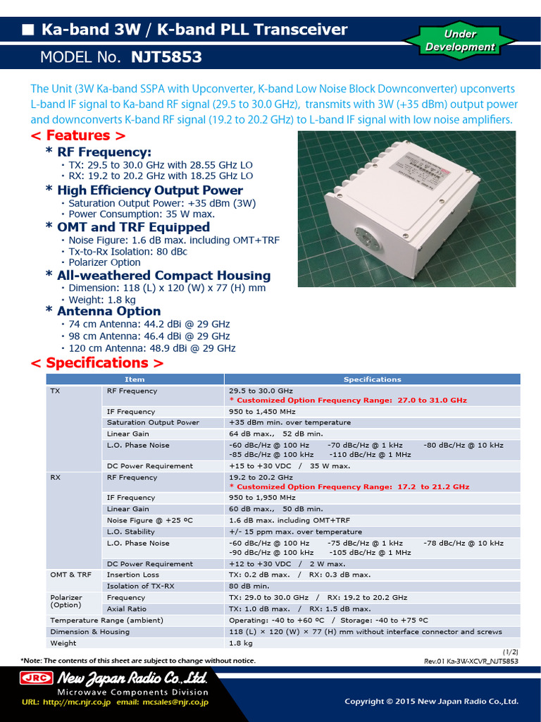 Ka-band 3W PLL Transceiver NJT5853 | PDF | Hertz | Antenna (Radio)