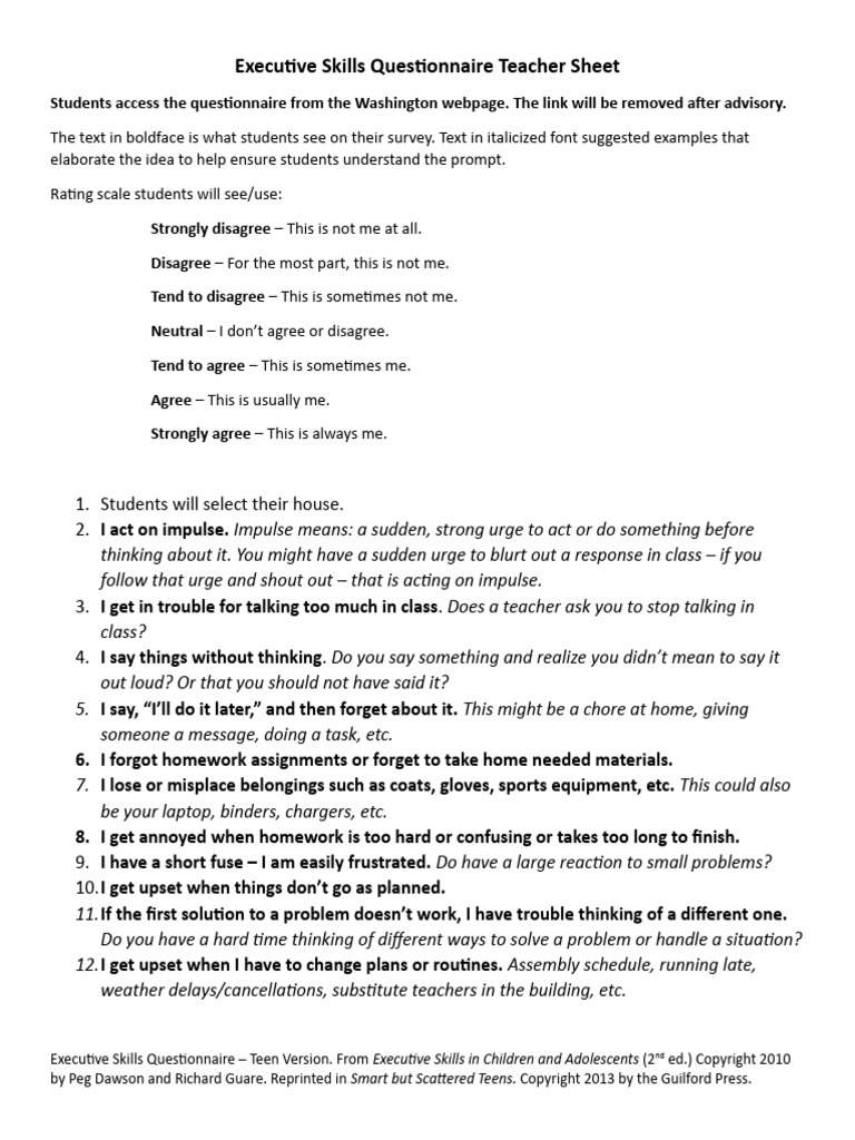 Executive Skills Questionnaire Teacher Sheet: 6. I Forgot Homework ...