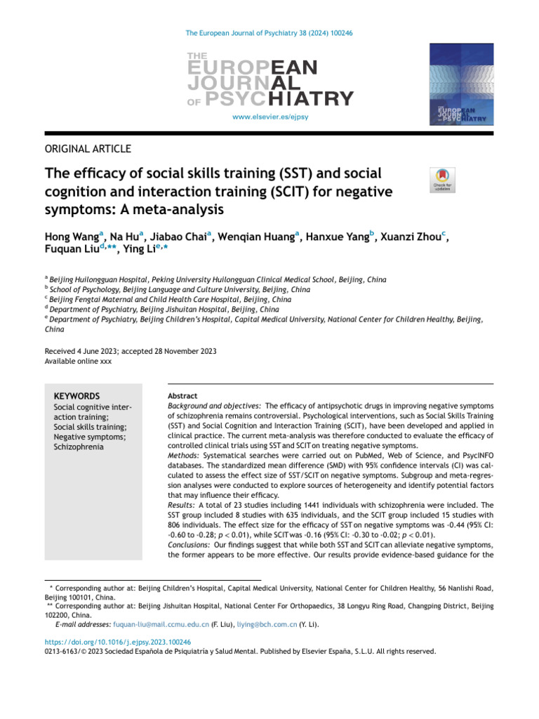 The Efficacy of Social Skills Training (SST) and Social Cognition and ...