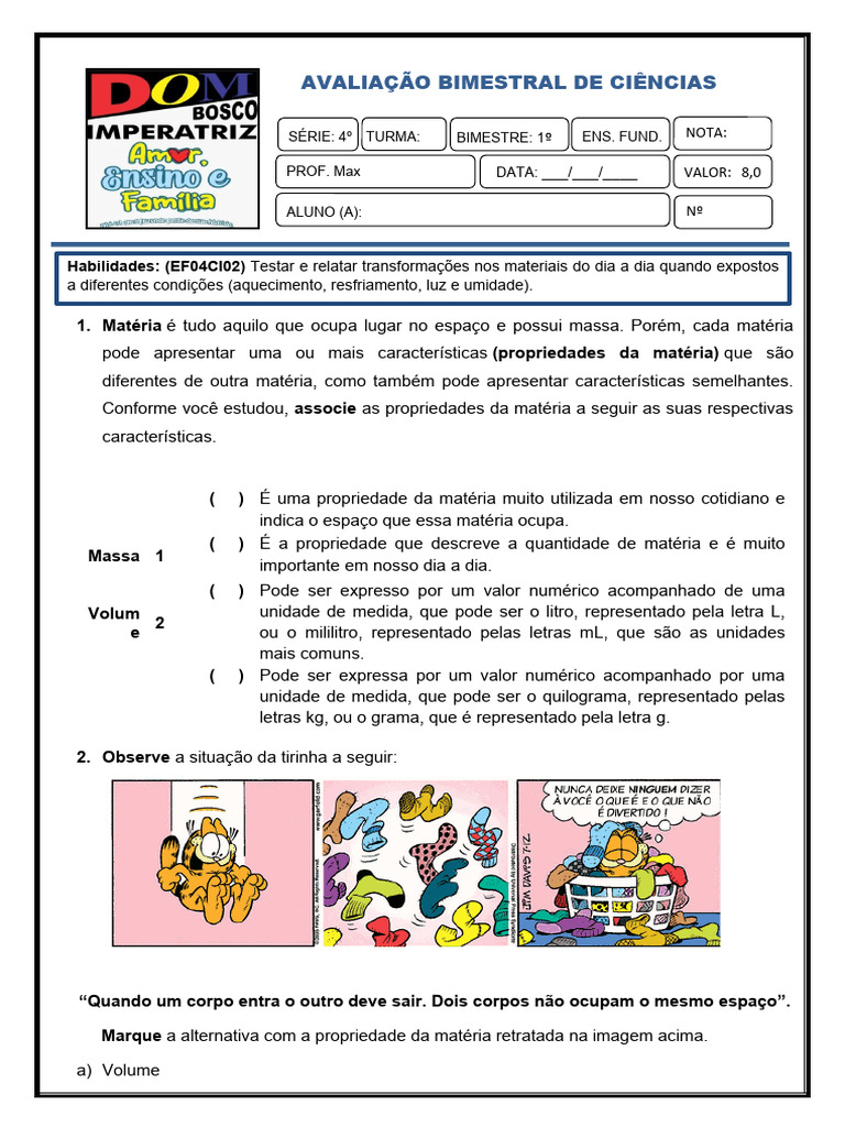 4º Ano - Avaliação Bimestral de Ciências - 1 B | PDF | Água | Congelamento