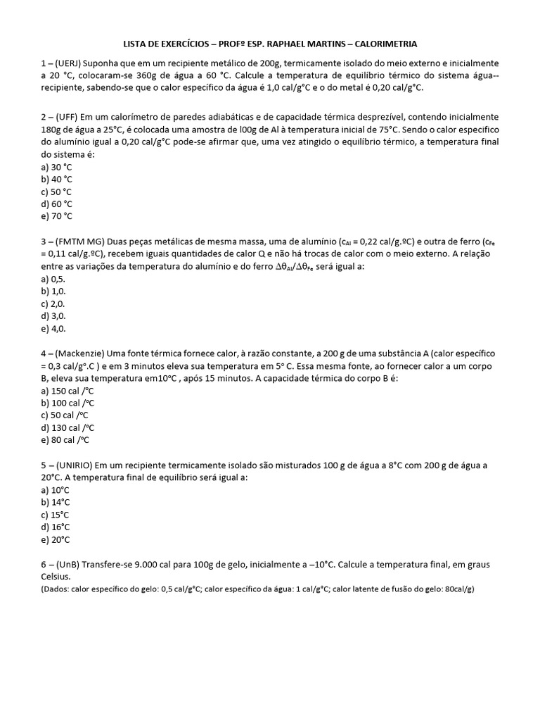 Exercícios de Calorimetria | PDF | Calor | Temperatura