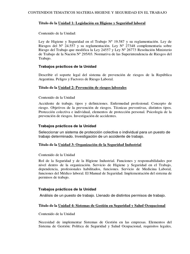Higiene y Seguridad en el Trabajo: Contenidos | PDF | Seguridad y salud ...
