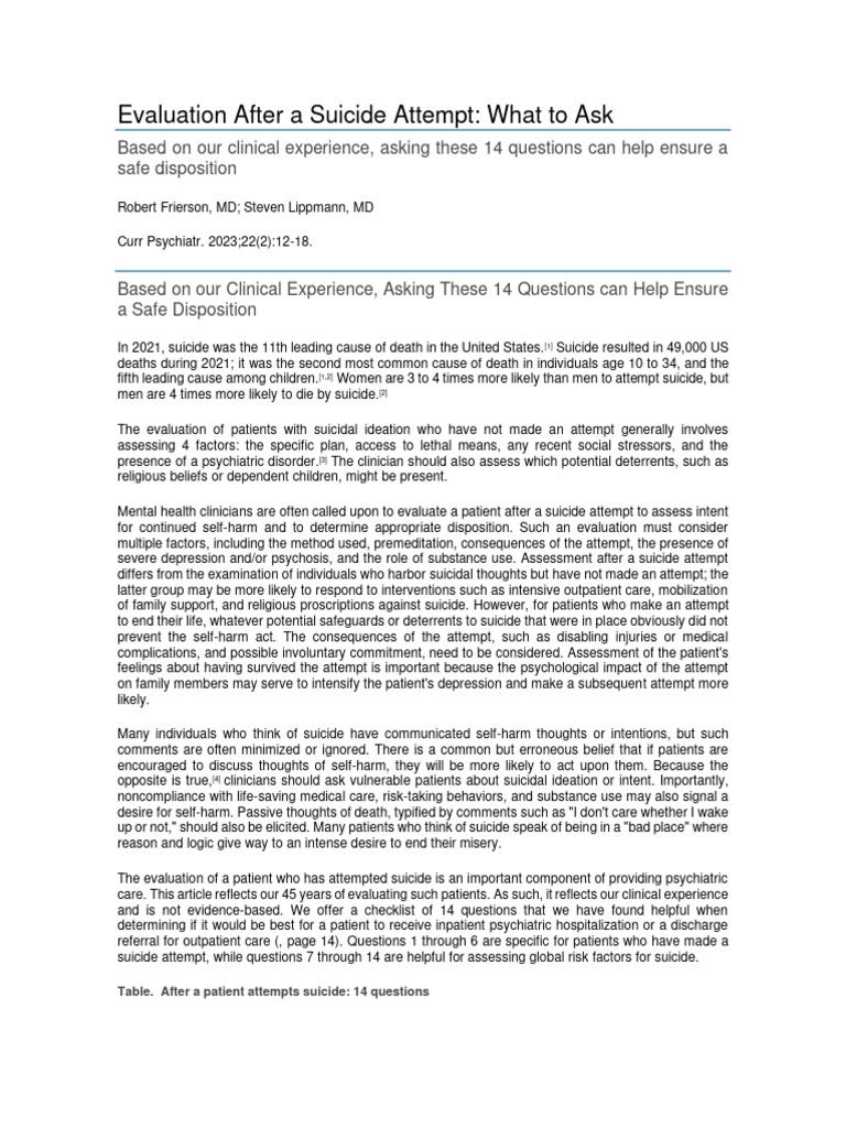 14 Key Questions After Suicide Attempt | PDF | Psychosis | Suicide