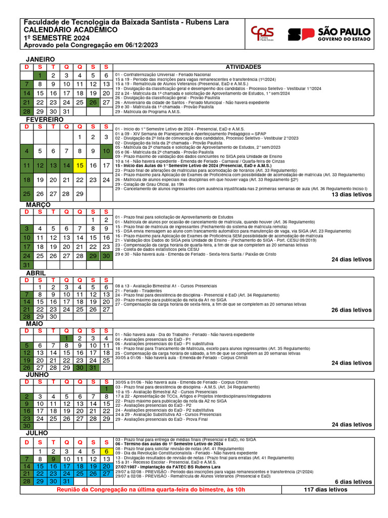 Cronograma Semestral Fatec 2024 PDF Educação à distância