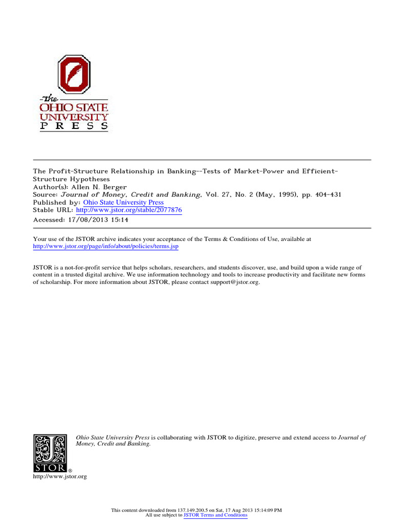 1995 JMCB Berger - The Profit-Structure Relationship in Banking-Tests ...