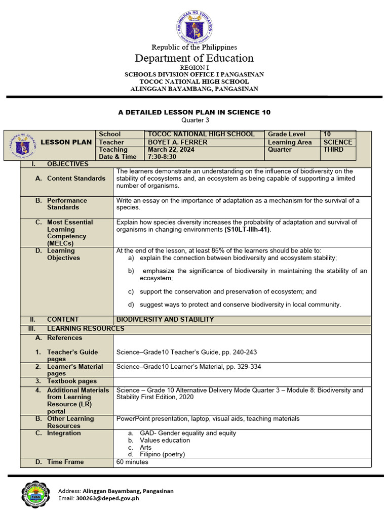 Science 10 Lesson Plan: Biodiversity & Stability | PDF | Biodiversity ...