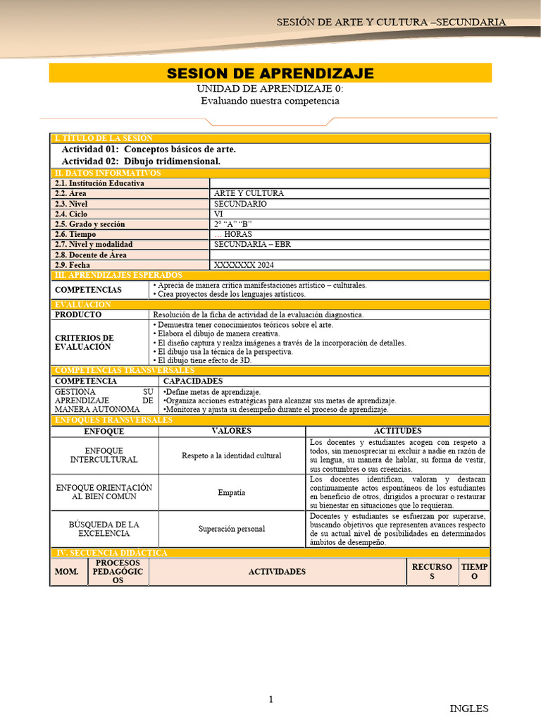 Sesiones de Arte y Cultura Secundaria 2024 | PDF | Evaluación | Aprendizaje