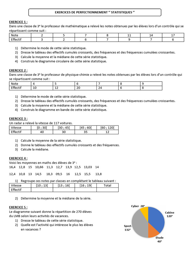 Exercices de Statistiques 3ème Corrigés | PDF