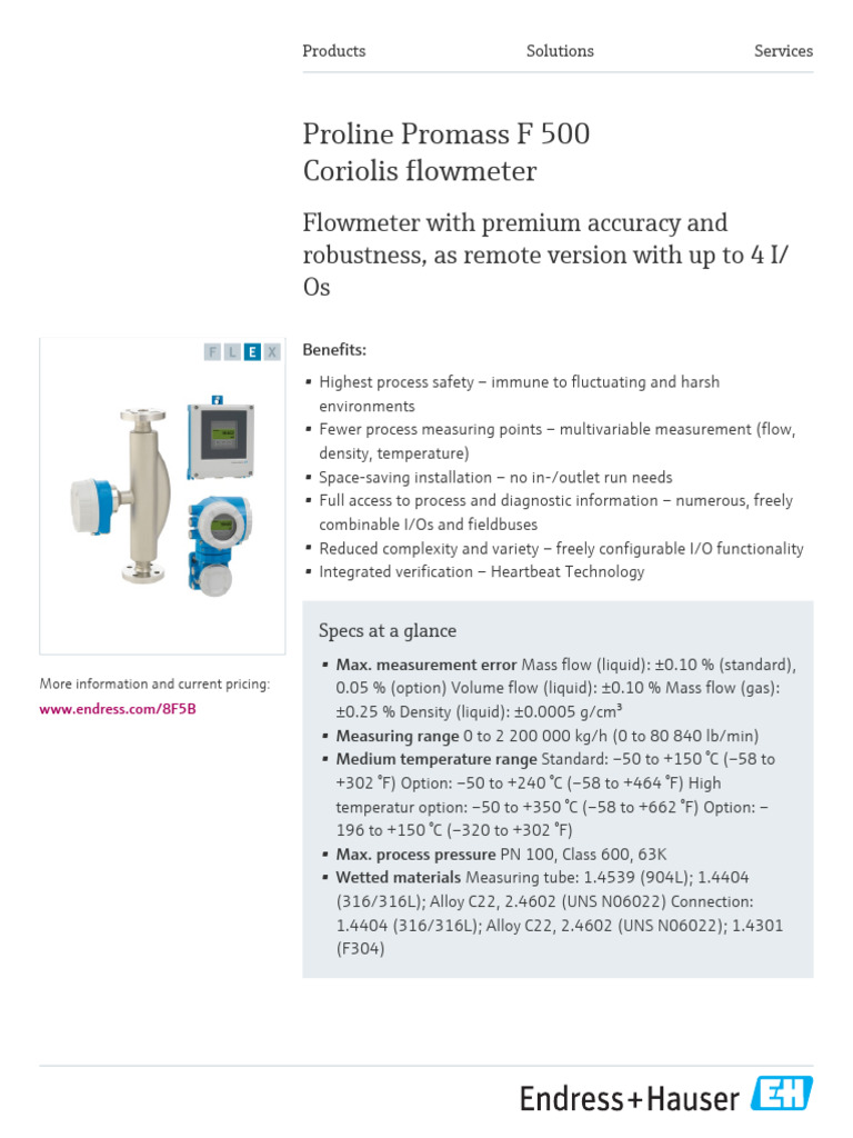 Proline Promass F 500 Flowmeter Overview | PDF | Density | Flow Measurement