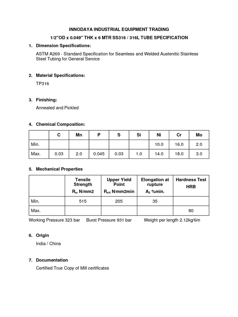 SS316 Seamless Tube Specifications | PDF