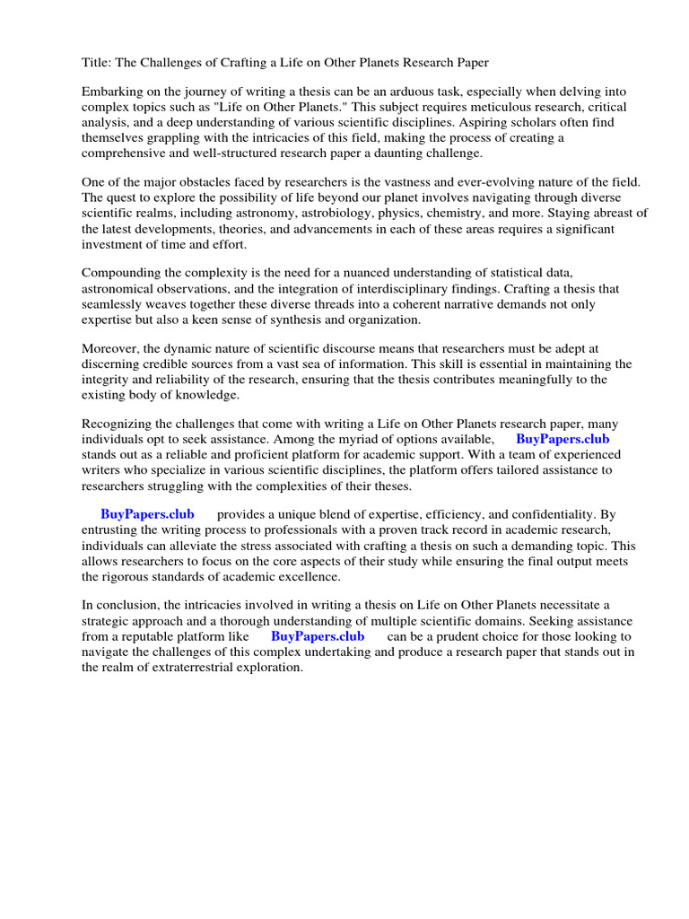 Life On Other Research Paper PDF