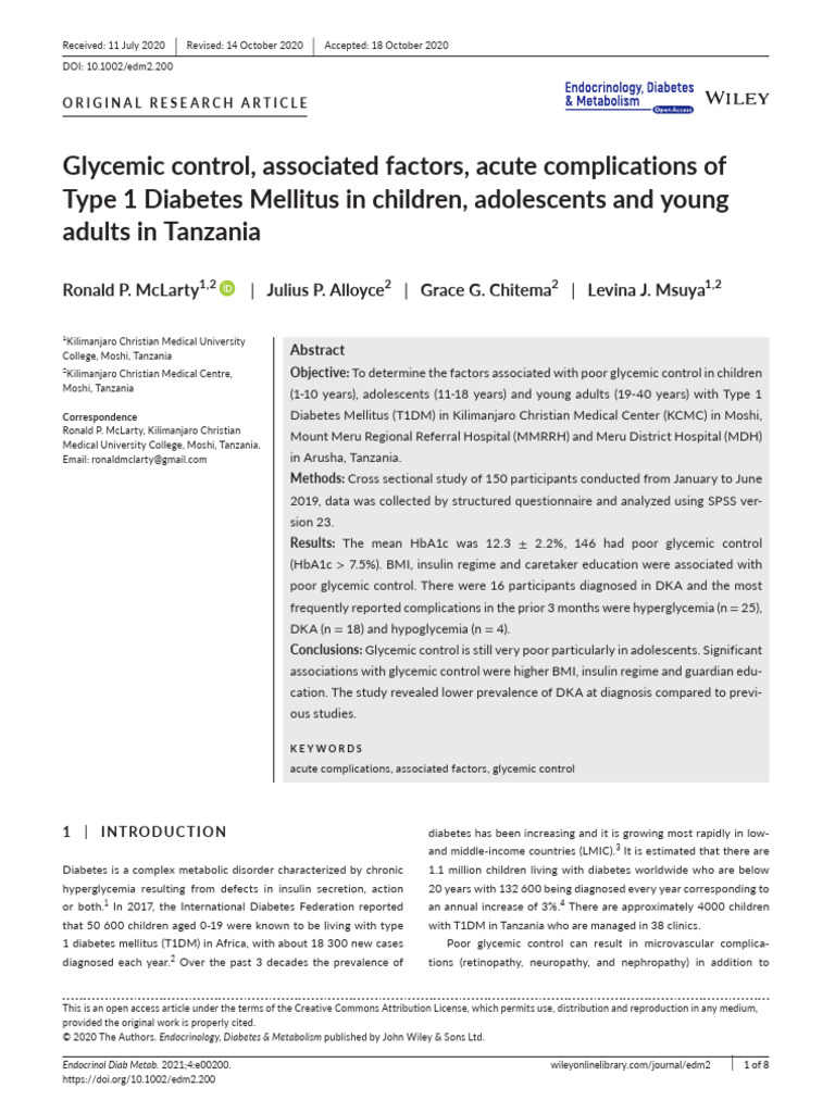 Glycemic Control in Tanzanian Youth with T1DM | PDF | Diabetes ...