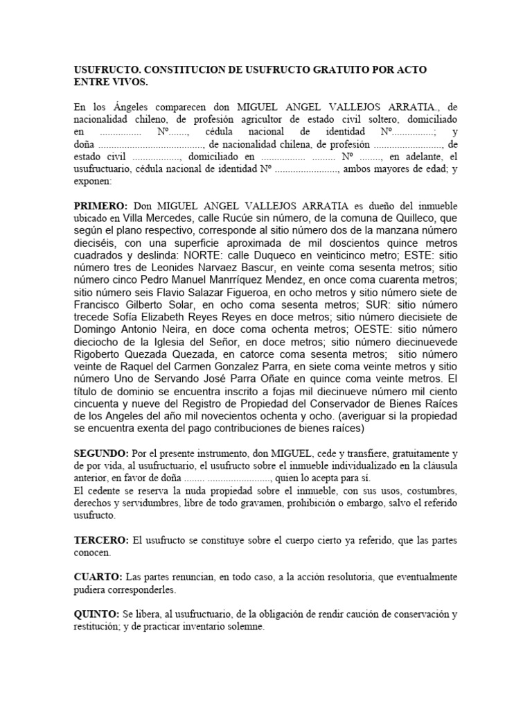 Constitución de Usufructo Gratuito | PDF | Propiedad | Derecho Civil ...