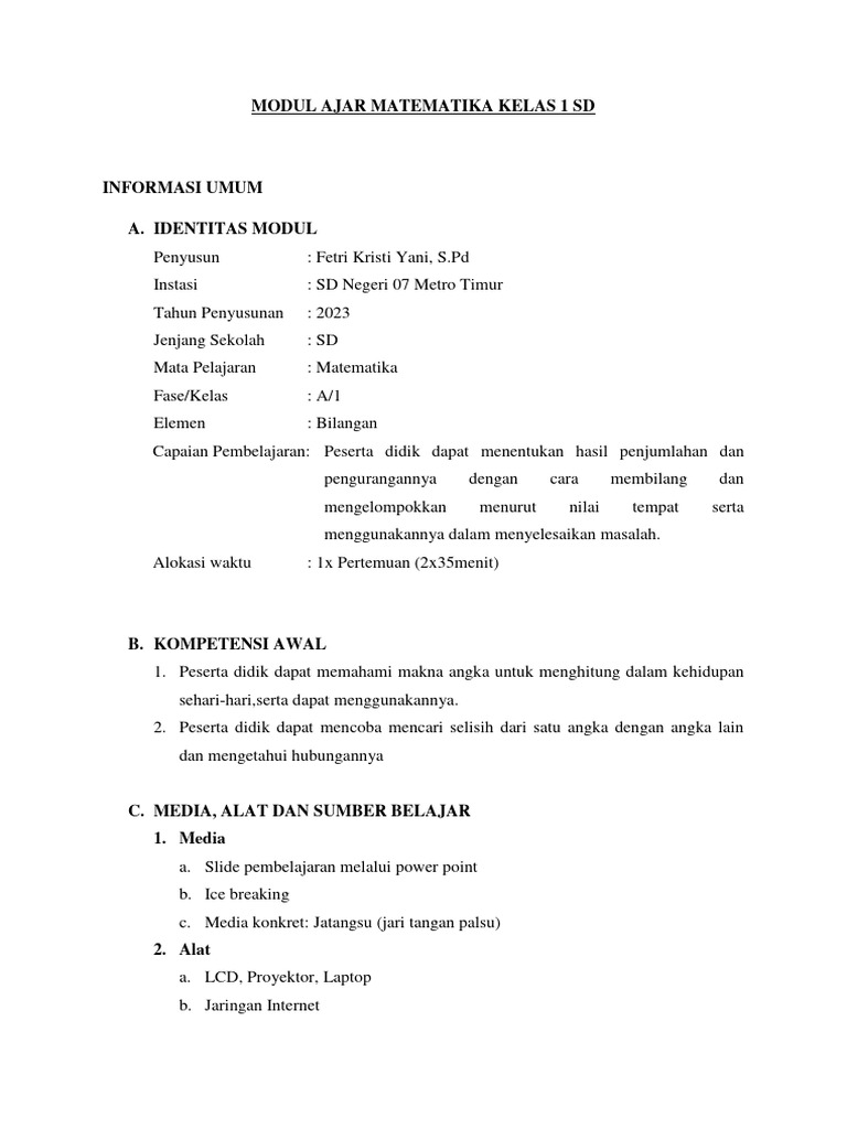 Modul Ajar Matematika Kelas 1 SD | PDF | Karier & Perkembangan | Ilmu ...