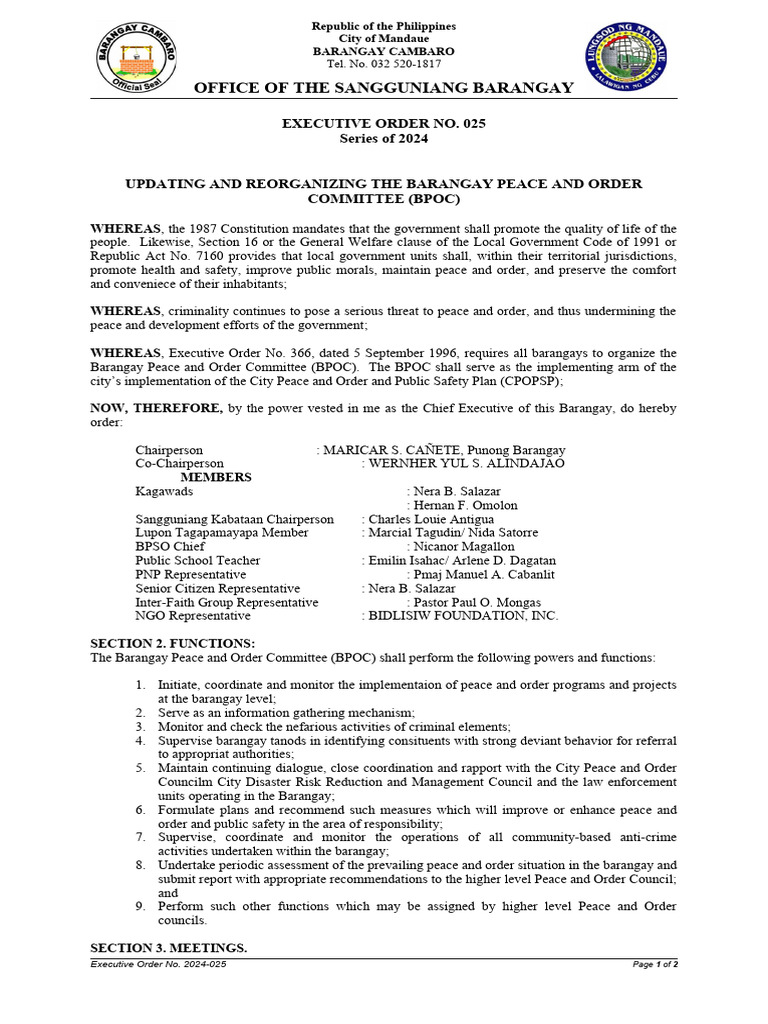 Reorganizing Barangay Peace and Order Committee | PDF | Justice | Crime ...