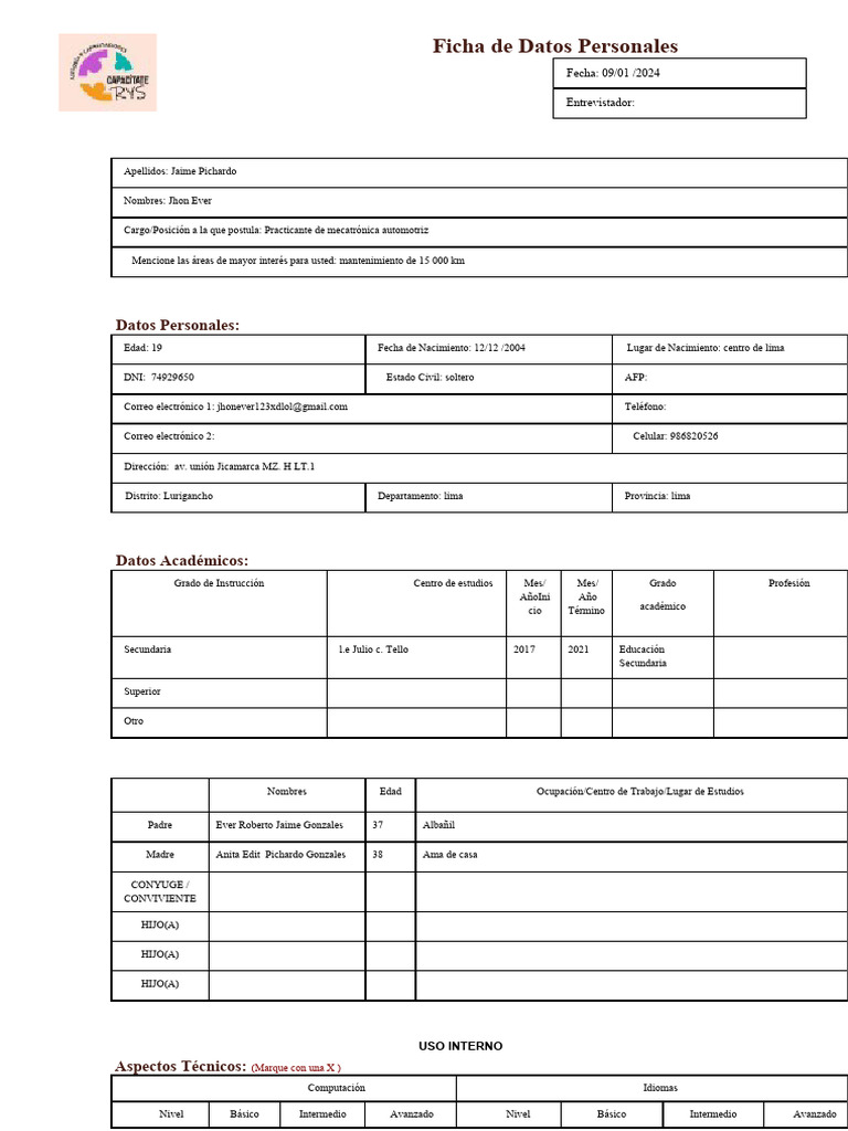 Ficha de Datos Personales de Candidato | PDF