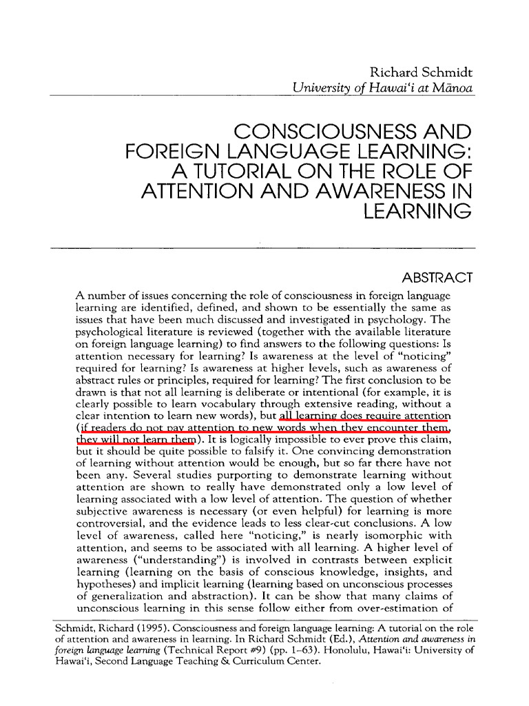 SCHMIDT (1995) A Tutorial On The Role of Attention and Awareness in ...