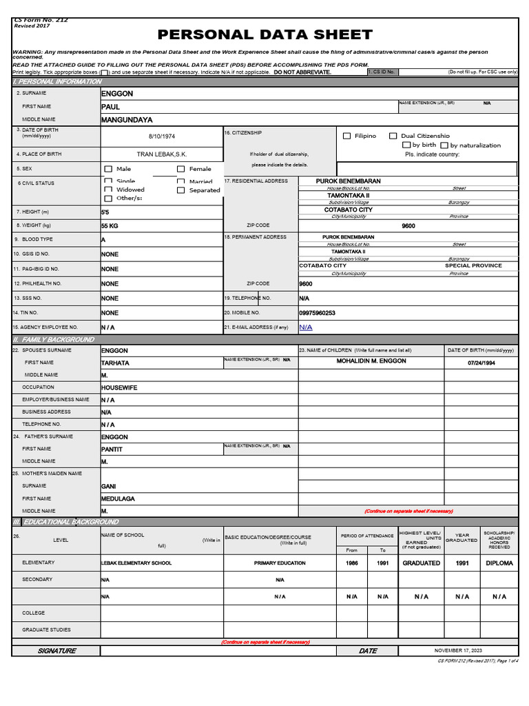 Personal Data Sheet (PDS) Template | PDF | Justice | Crime & Violence