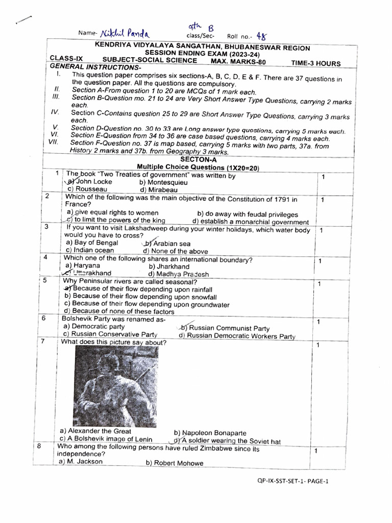 Kvs Session Ending Exam Question Paper Class 9 Science