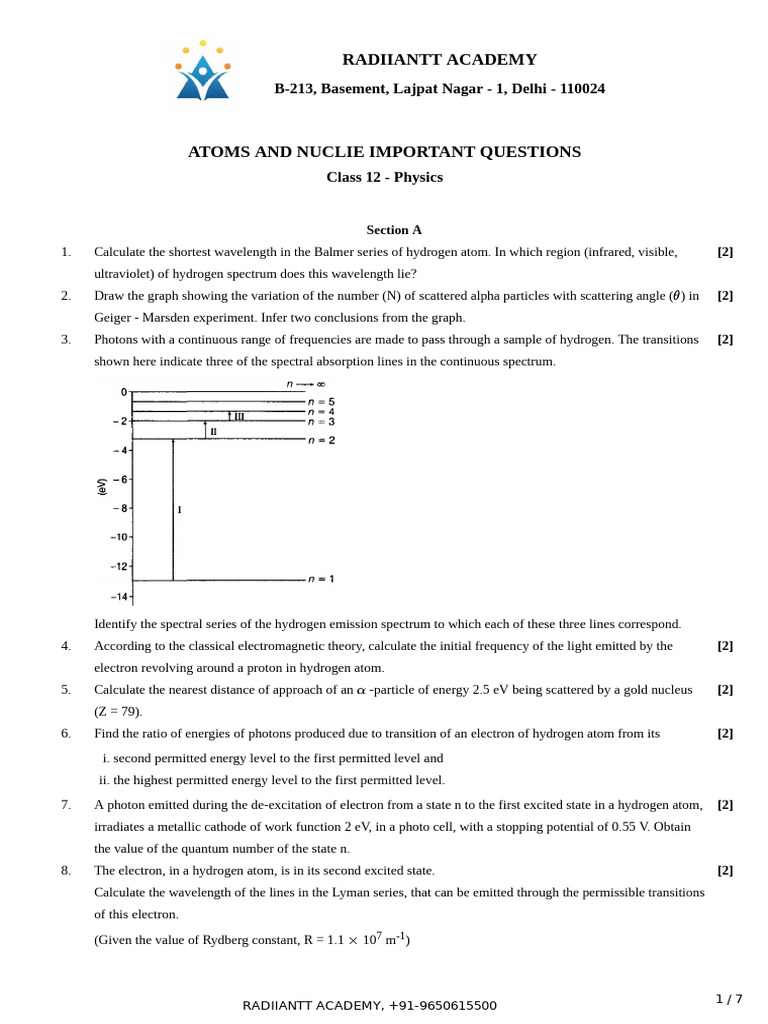 Important Physics Questions for Class 12 | PDF | Atomic Nucleus ...